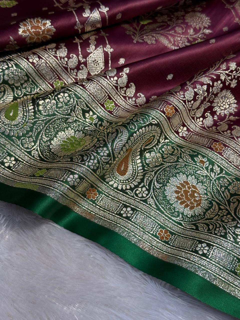 Mashru Silk Banarasi Contrast Meena Work Saree Zari Border Pallu