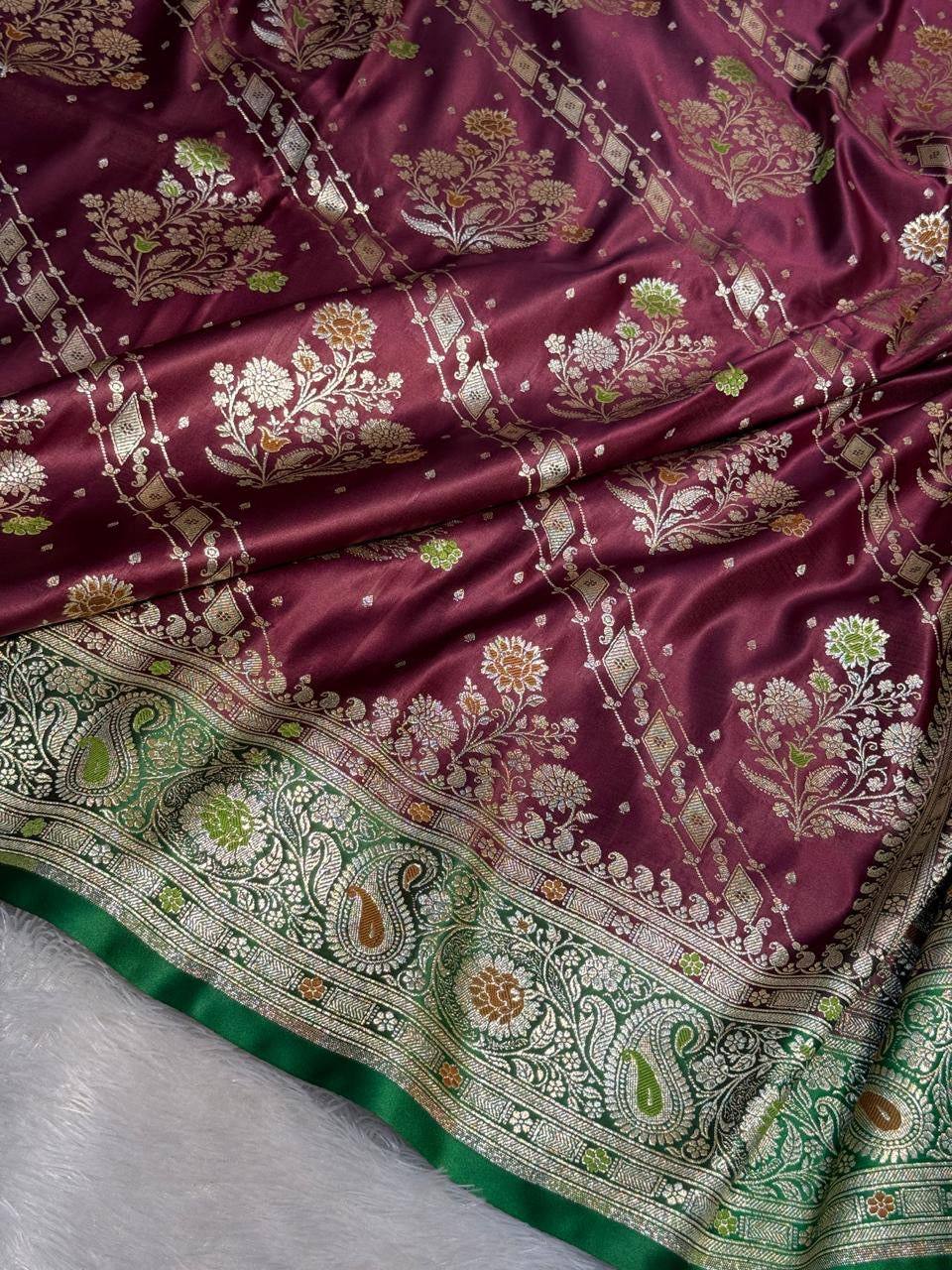 Mashru Silk Banarasi Contrast Meena Work Saree Zari Border Pallu