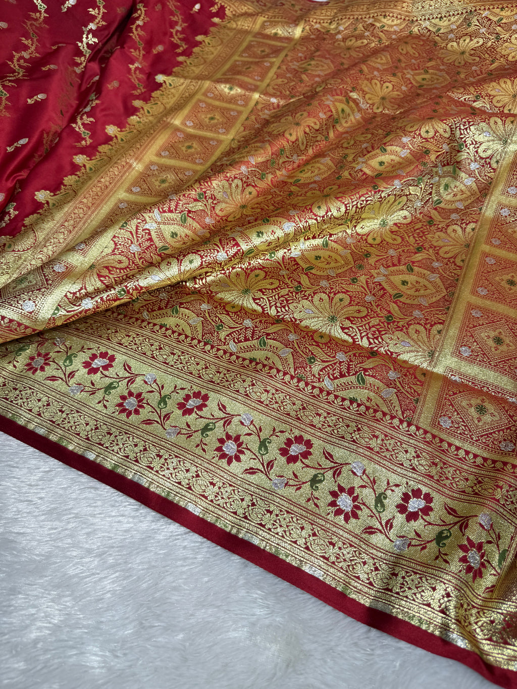 Banarasi Luxurious Meenakari Satin Silk Katan Saree With Cross Pattern
