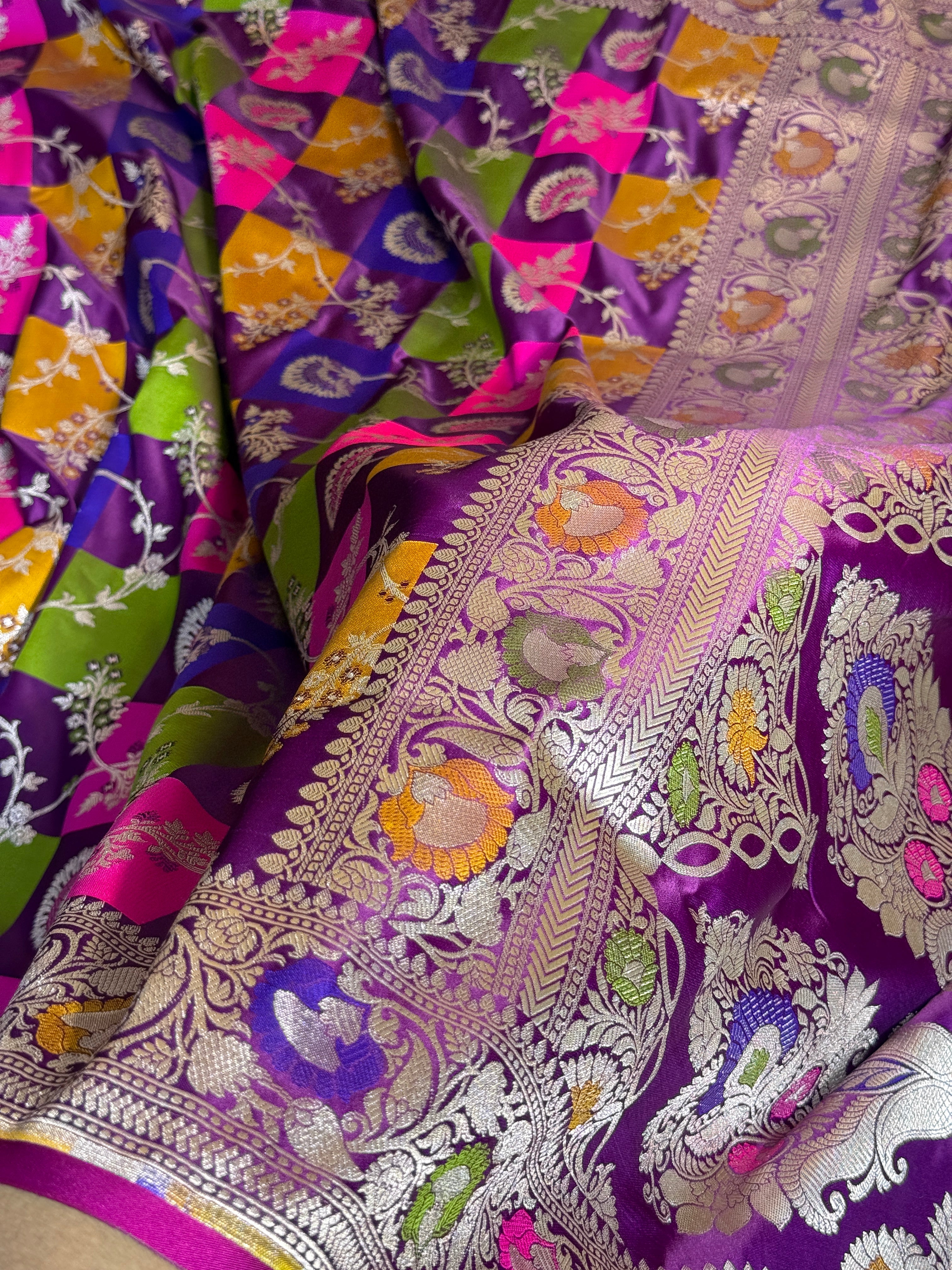 Mashru Silk Banarasi Rangkaat Saree Zari Border Pallu