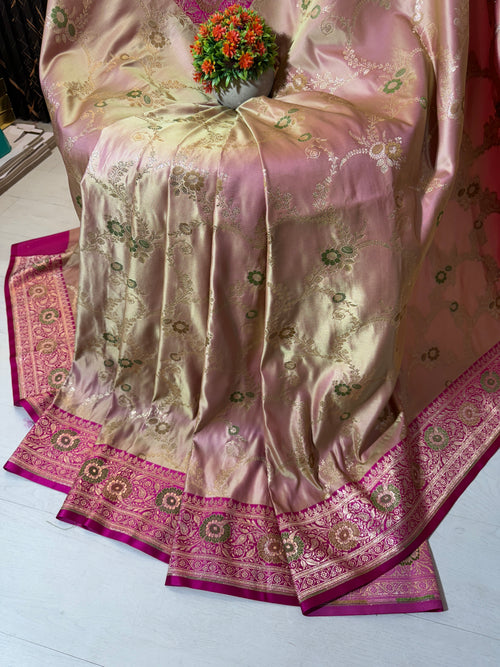 Banarasi Luxurious Meenakari Satin Silk Katan Saree With Contrast Border Pallu