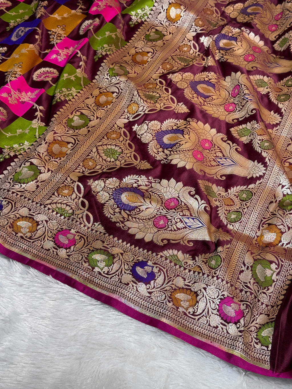 Mashru Silk Banarasi Rangkaat Saree Zari Border Pallu