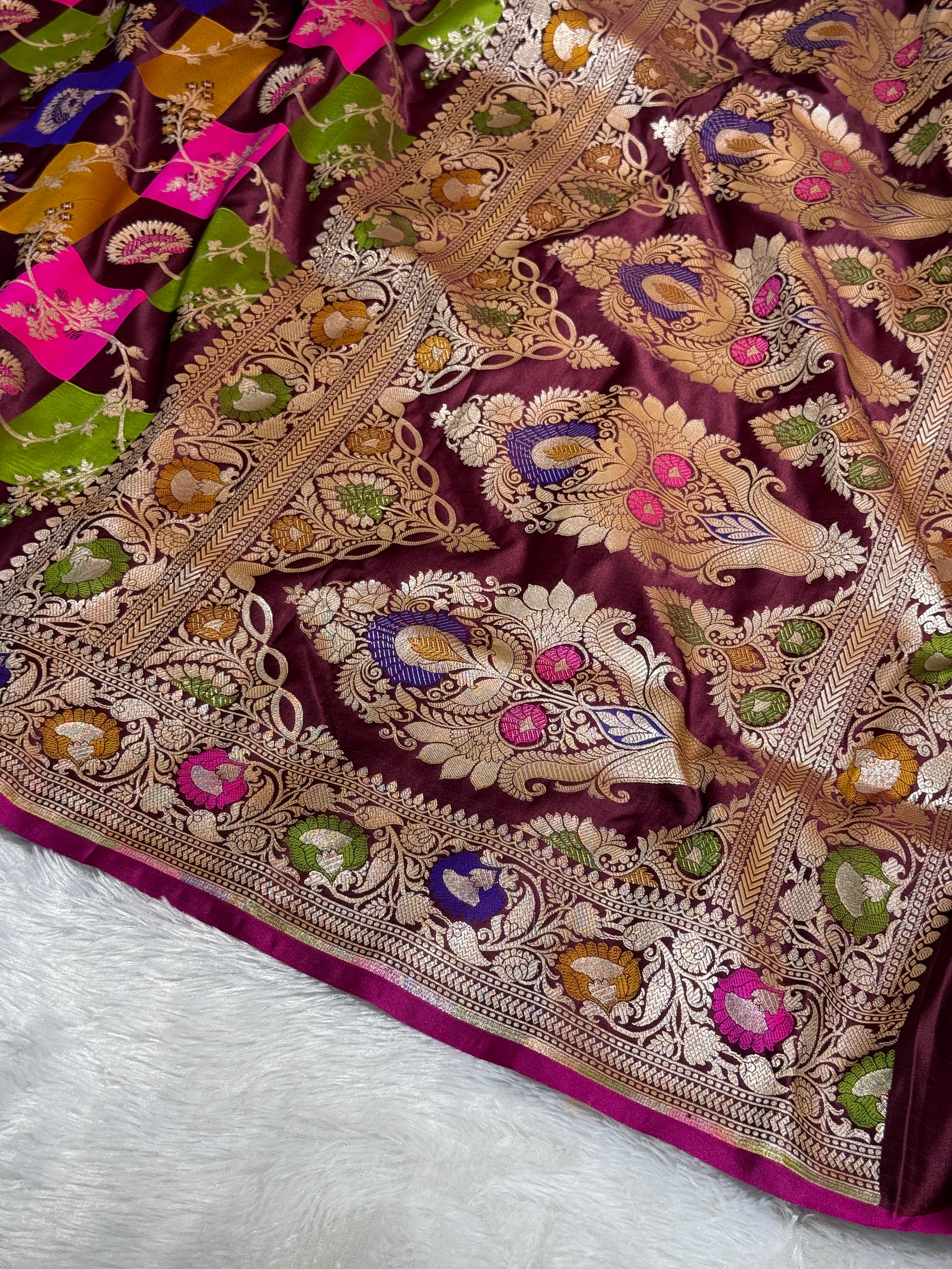Mashru Silk Banarasi Rangkaat Saree Zari Border Pallu
