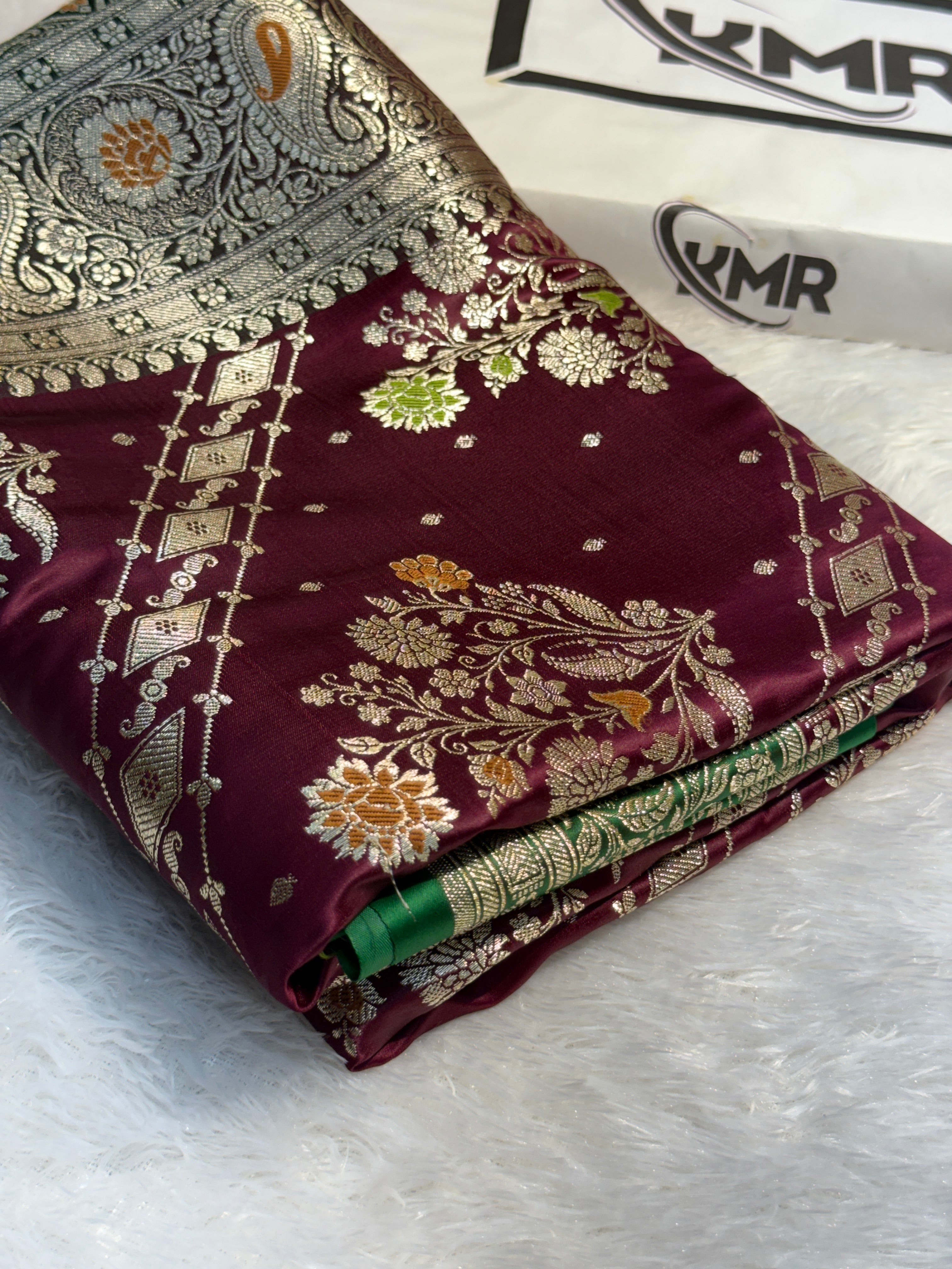 Mashru Silk Banarasi Contrast Meena Work Saree Zari Border Pallu