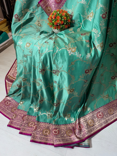 Banarasi Luxurious Meenakari Satin Silk Katan Saree With Contrast Border Pallu