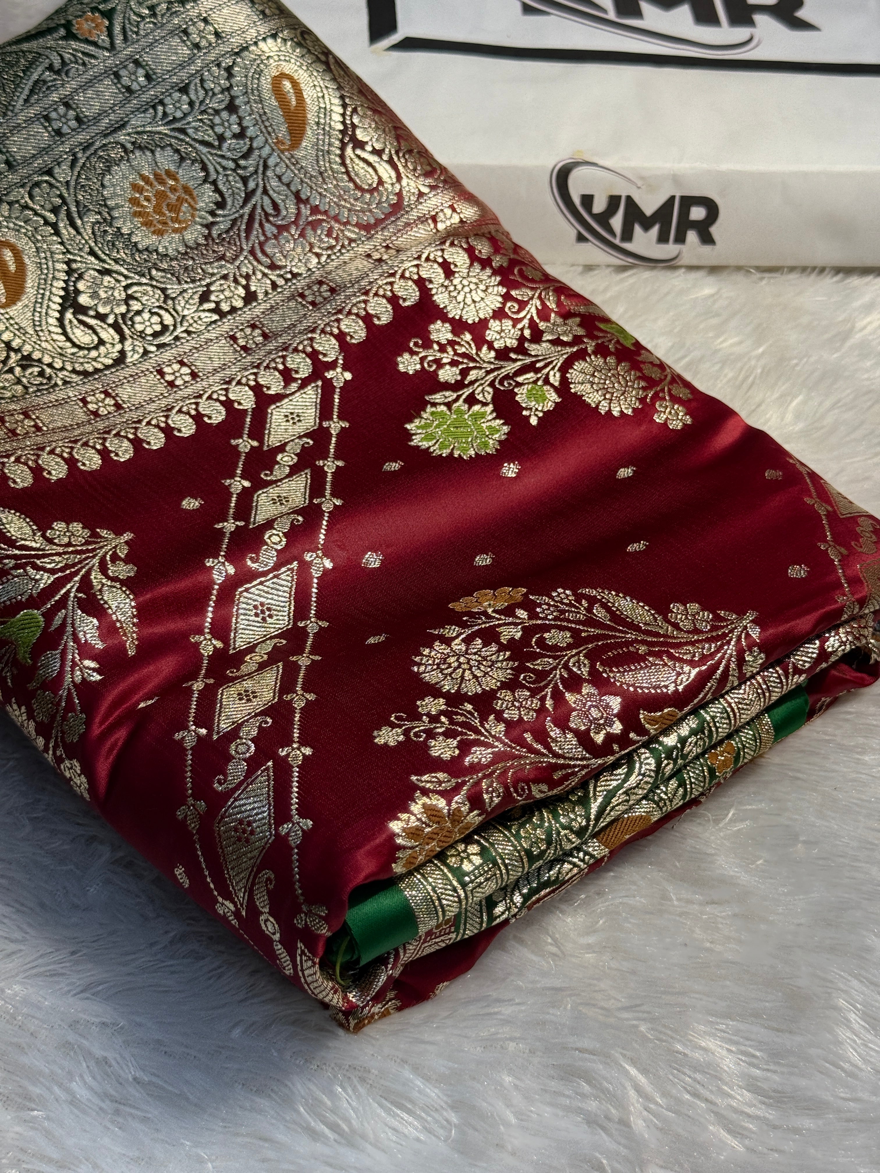 Mashru Silk Banarasi Contrast Meena Work Saree Zari Border Pallu