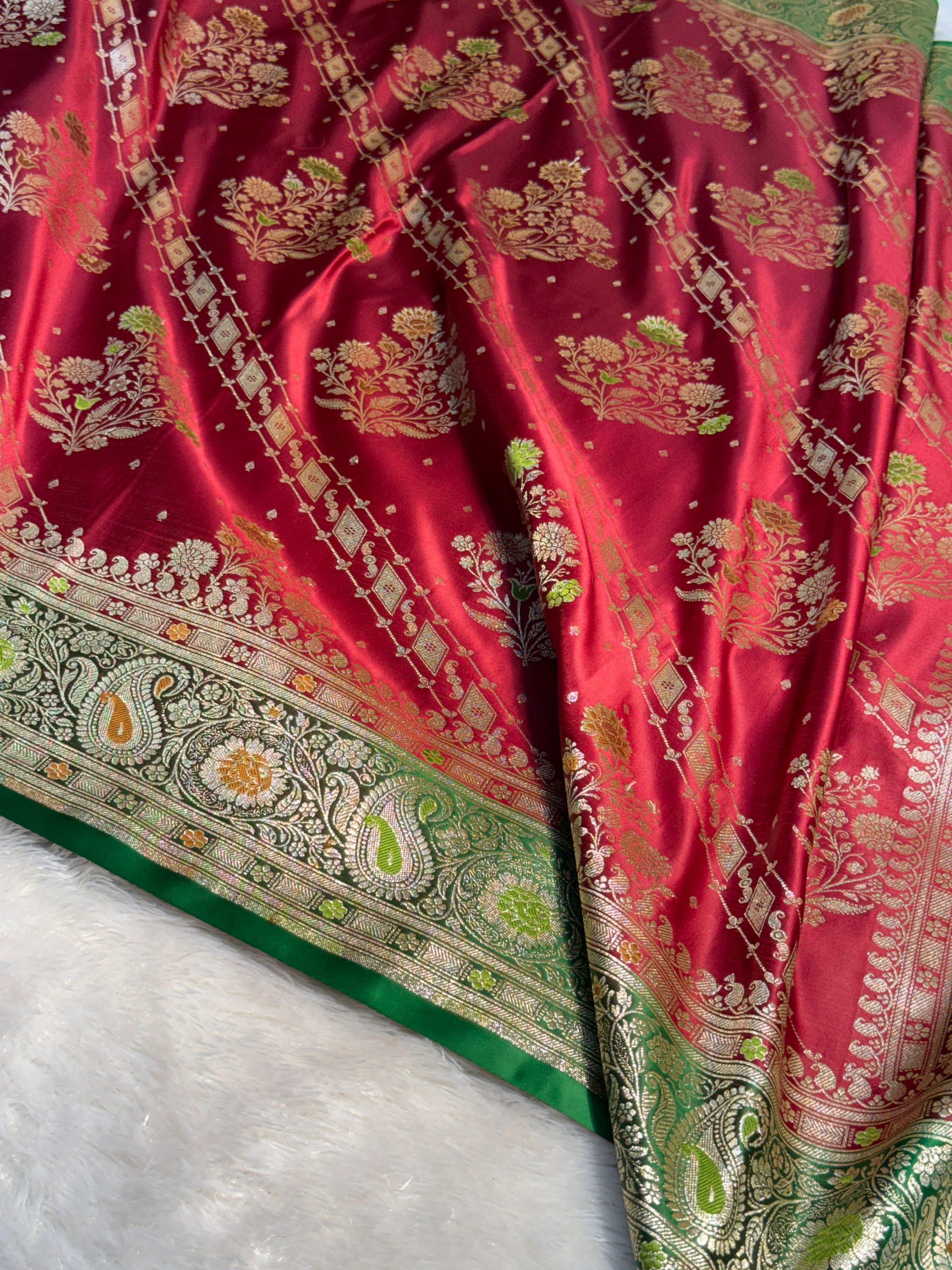 Mashru Silk Banarasi Contrast Meena Work Saree Zari Border Pallu
