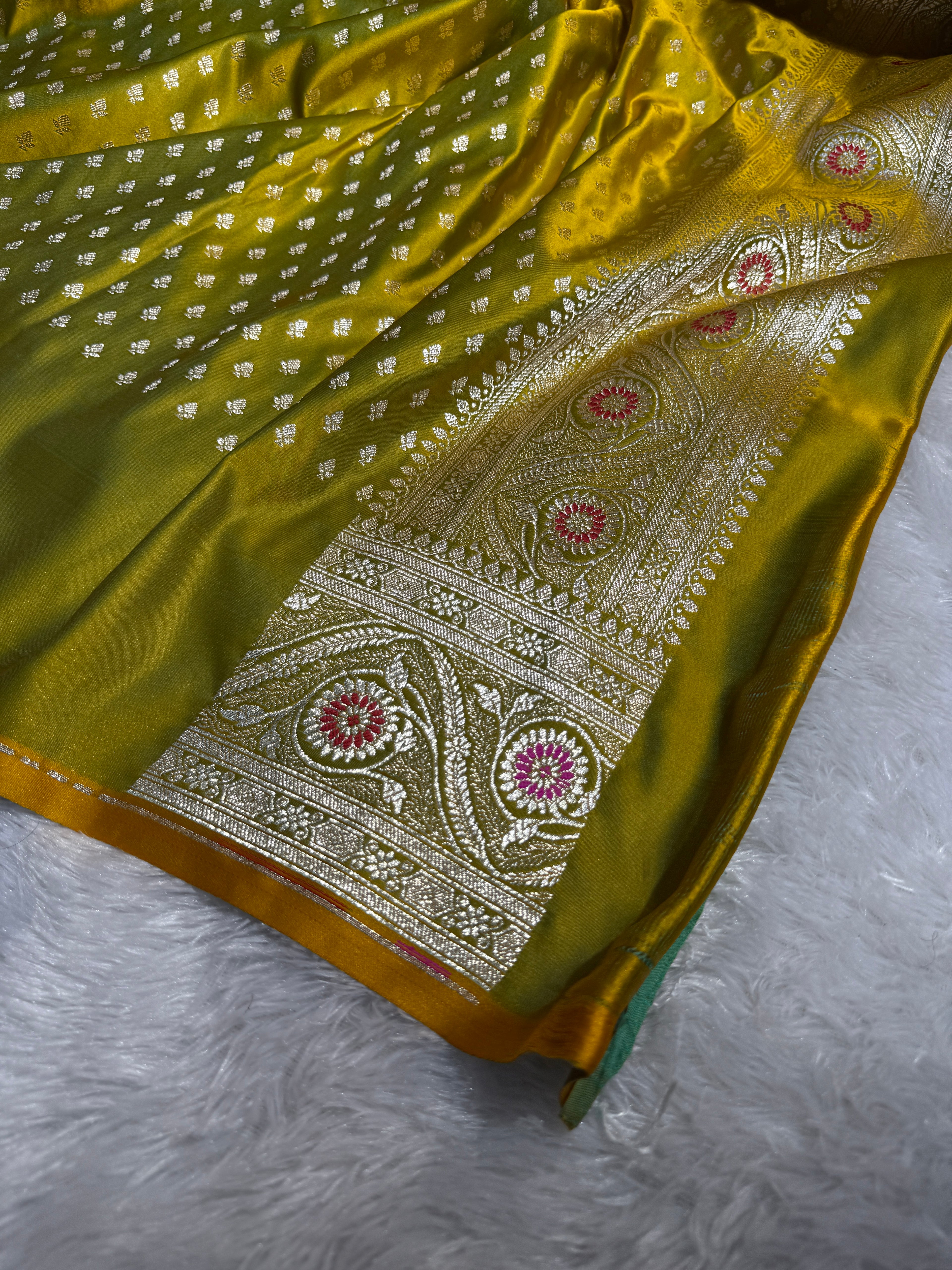 Mashru Silk Banarasi Contrast Meena Work Saree Zari Border Pallu