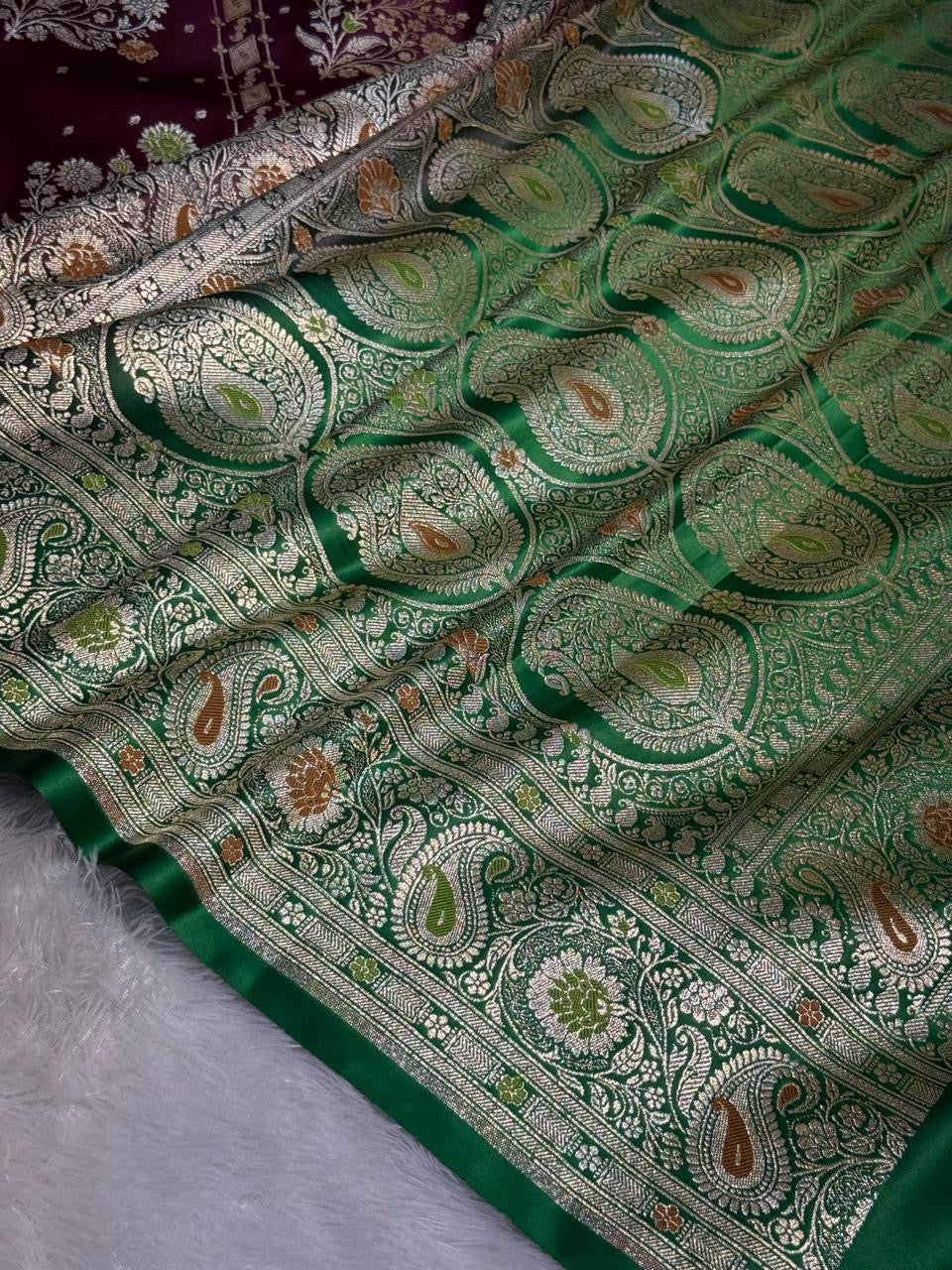 Mashru Silk Banarasi Contrast Meena Work Saree Zari Border Pallu