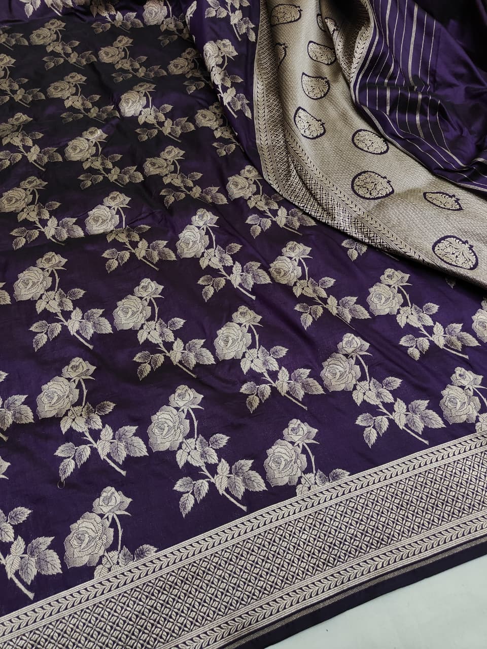 Pure Katan Silk Zari Border Gulab Buta Type Jaal Design Saree