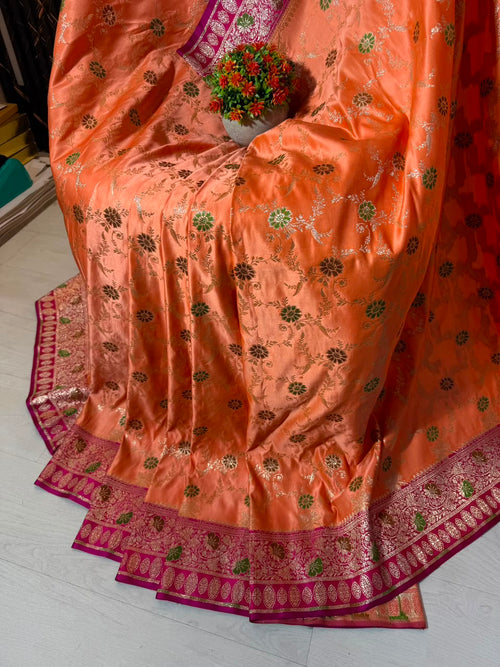 Banarasi Luxurious Meenakari Satin Silk Katan Saree With Contrast Border Pallu